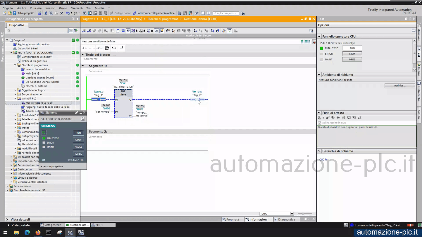 Schermata programmazione PLC Siemens in Tia Portal