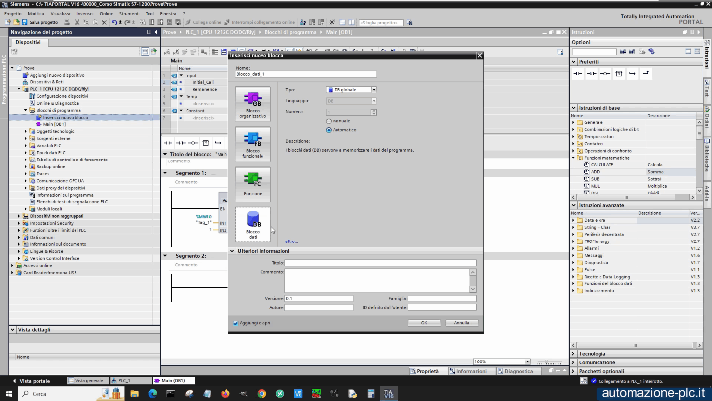 Tia Portal Siemens: creazione blocco dati DB