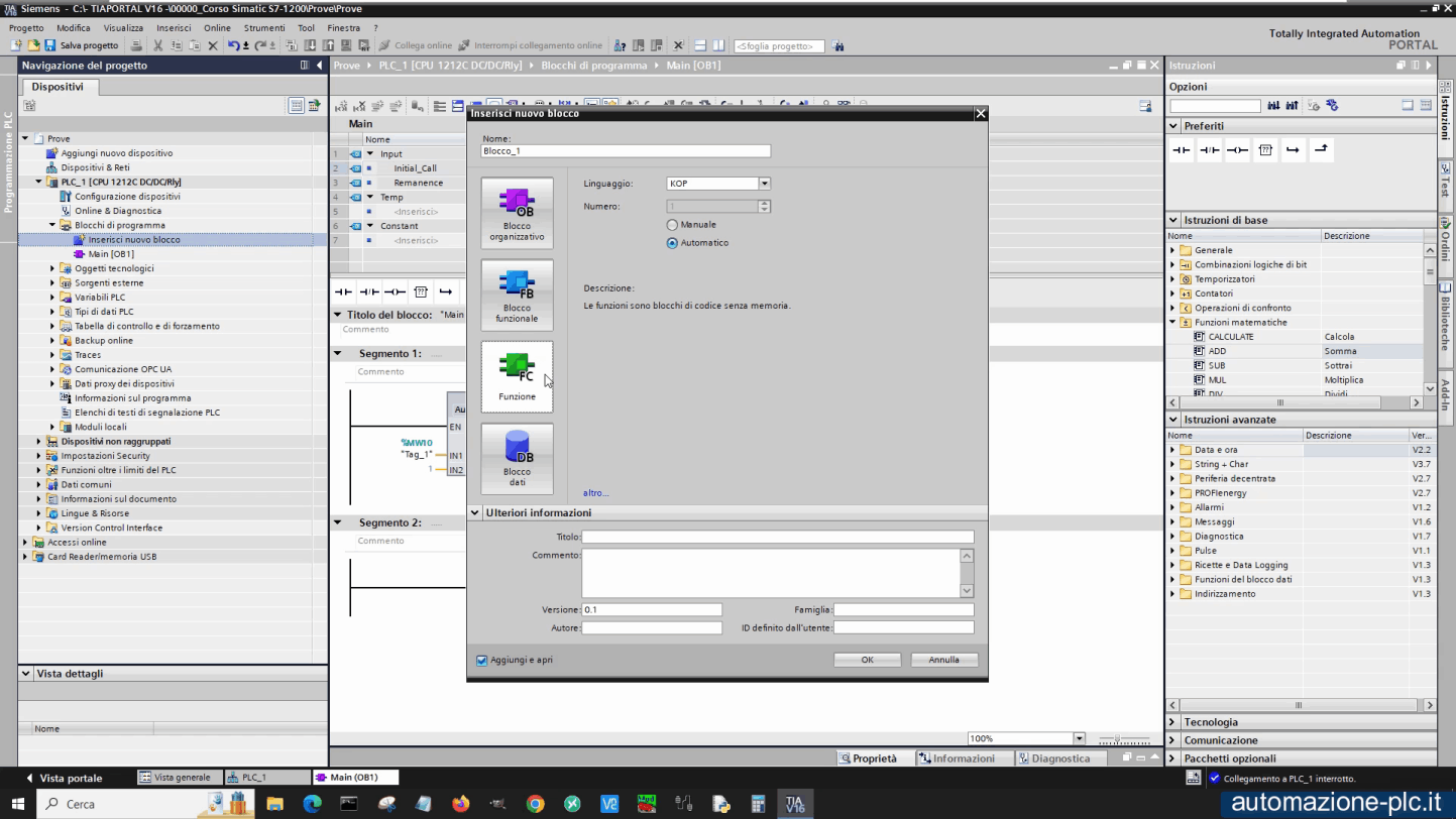 Tia Portal Siemens: aggiunto di un blocco FC