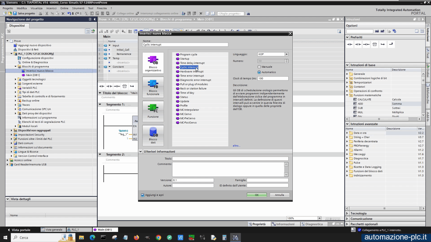 Tia Portal Siemens: aggiunta di un blocco OB