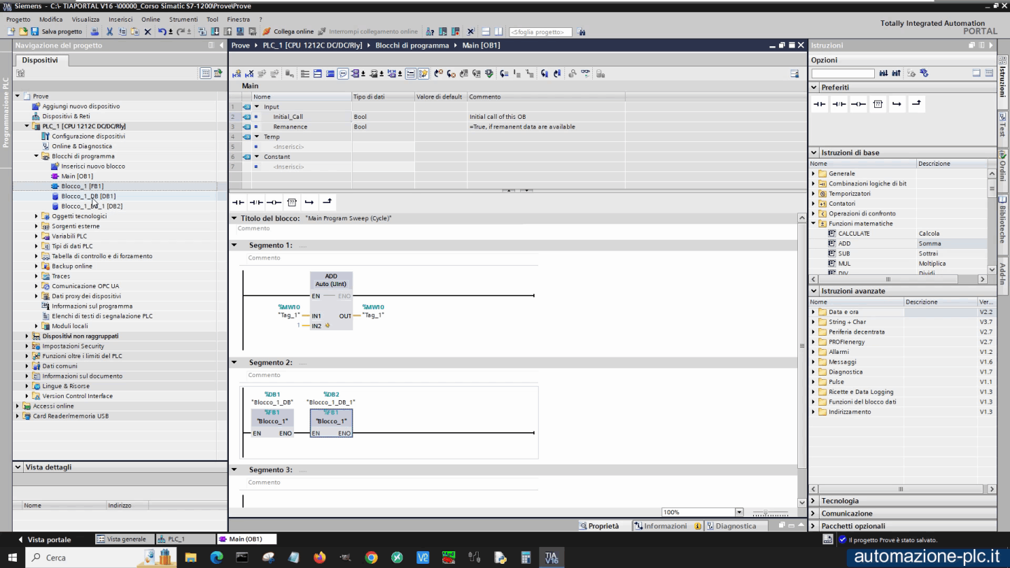 Tia Portal Siemens: programma con richiamo di due FB con DB di istanza