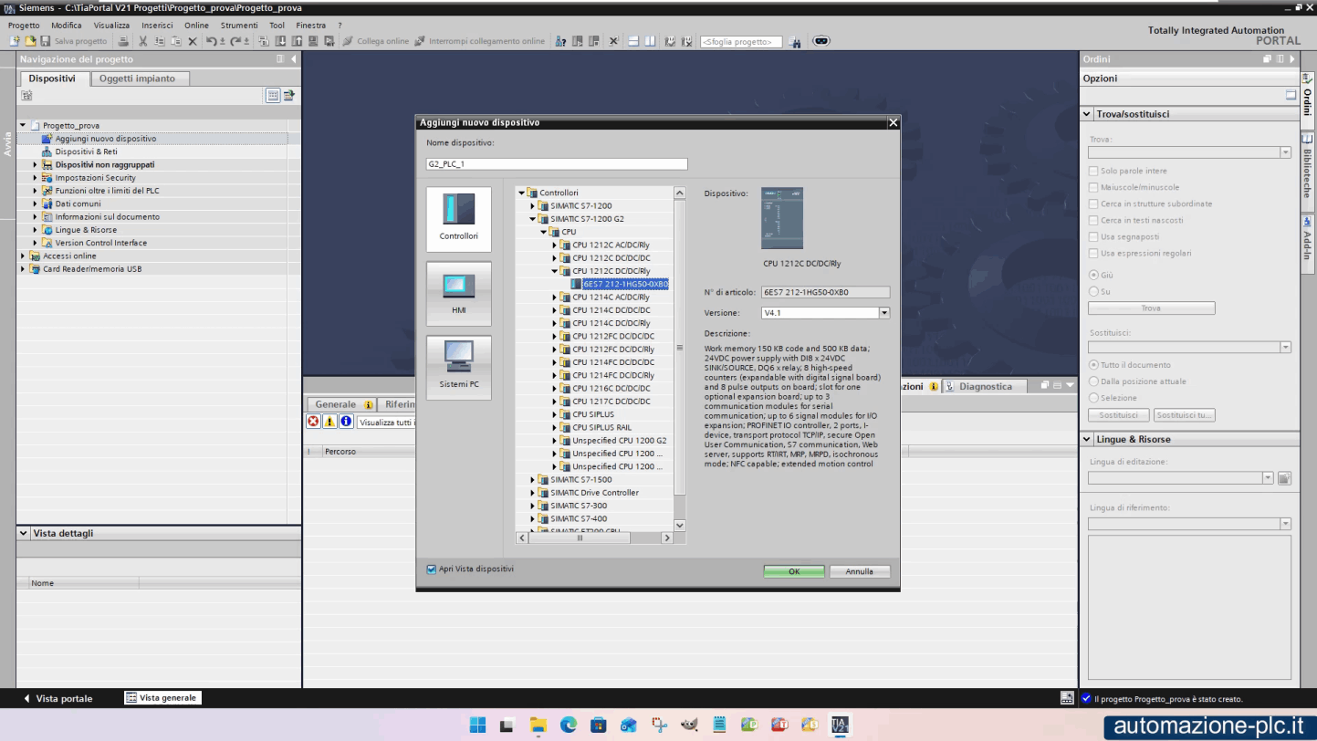 Introduzione a Tia Portal V21 - Scelta CPU