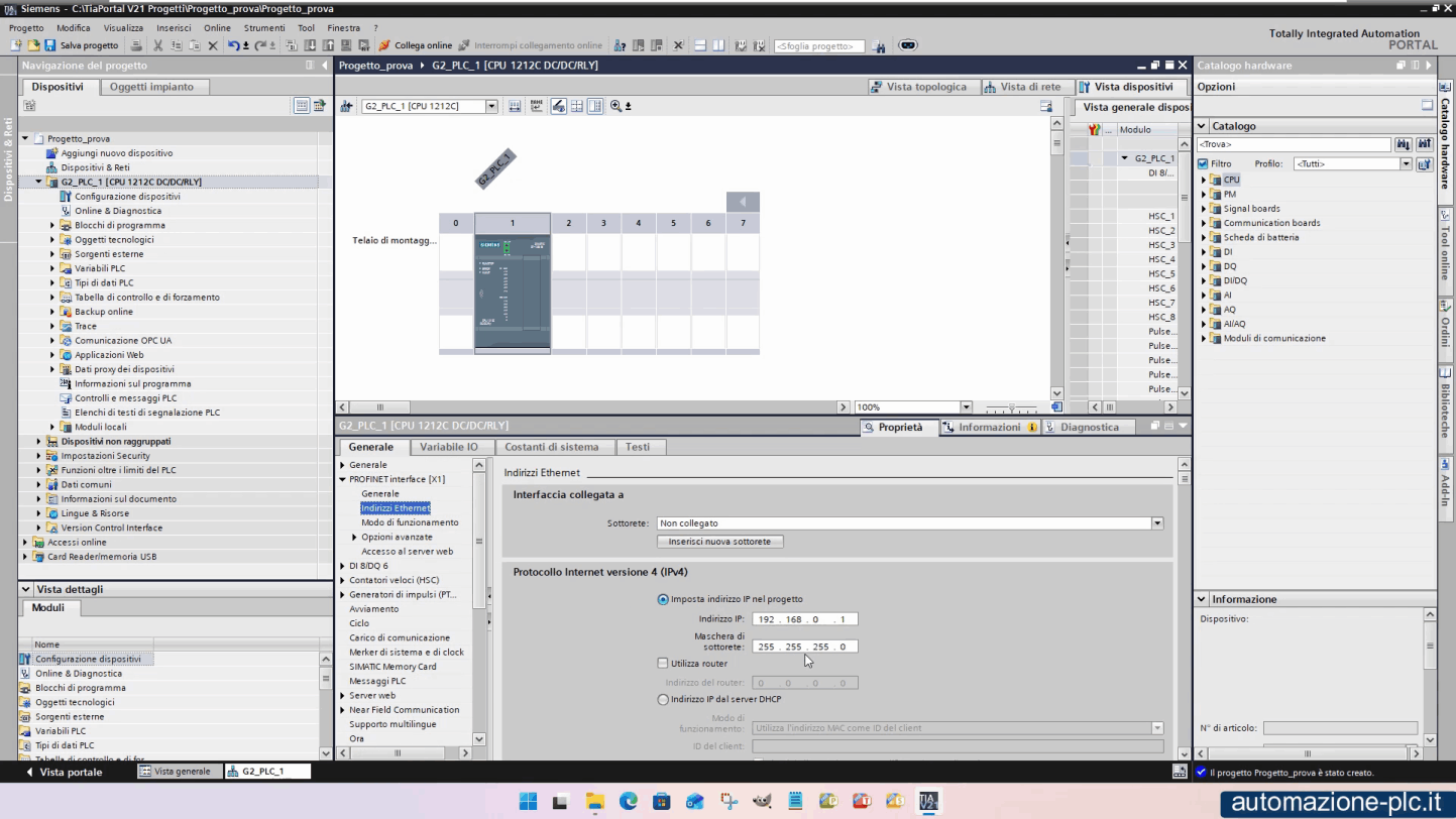 Introduzione a Tia Portal V21 - Schermata configurazione hardware