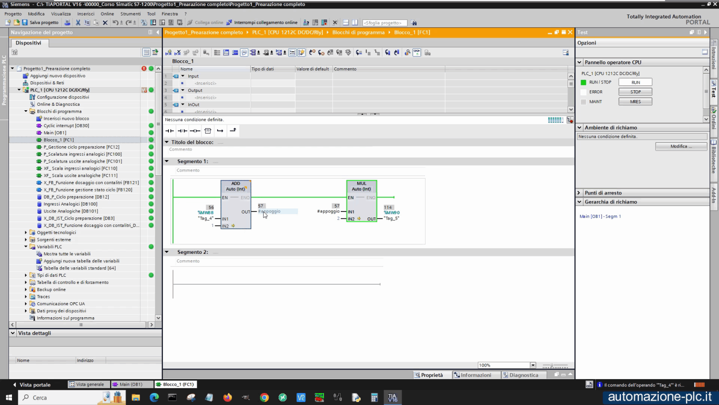 Corso di plc: utilizzo delle variabili temporanee