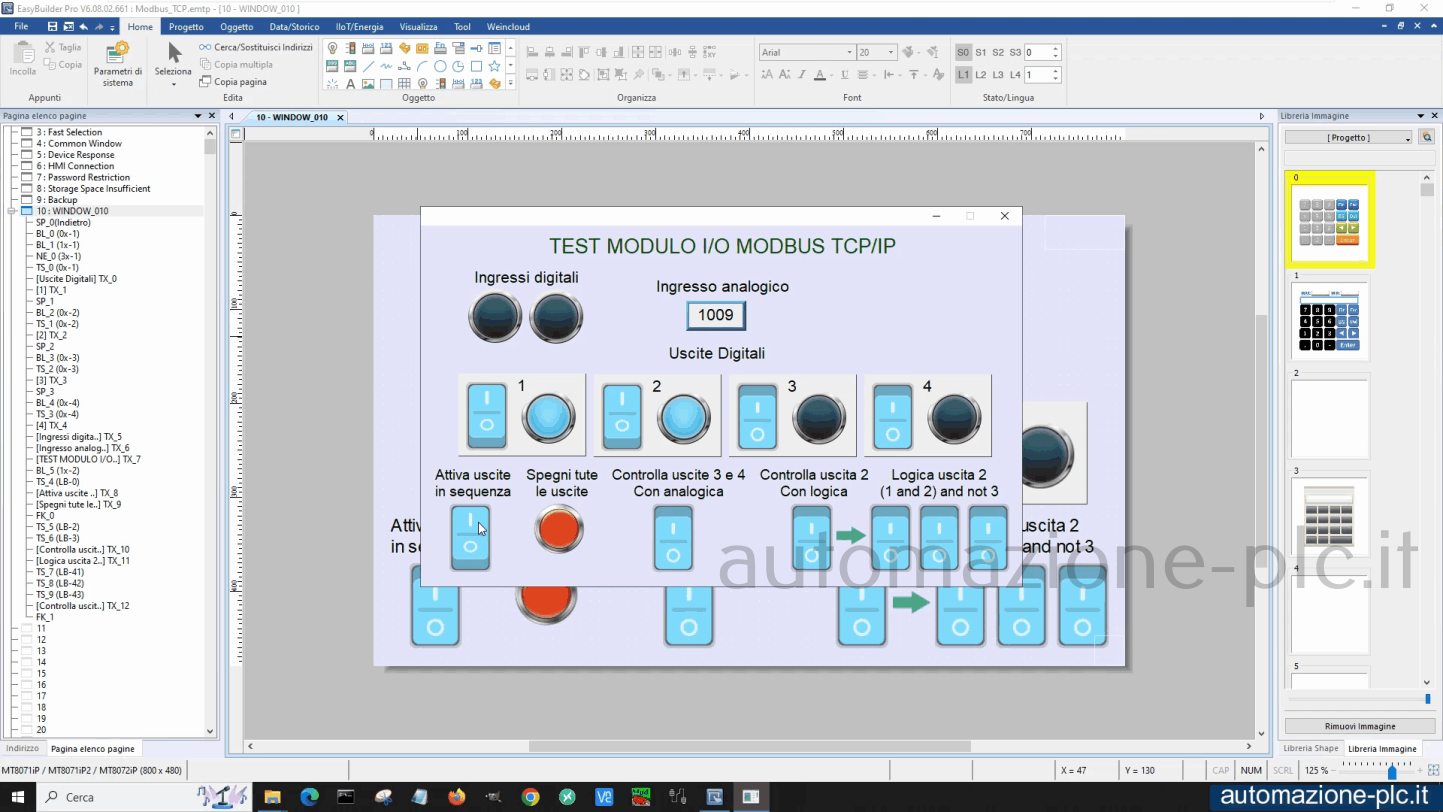 Schermata di test comunicazione tra pannello Weintek e modulo Modbus TCP IP