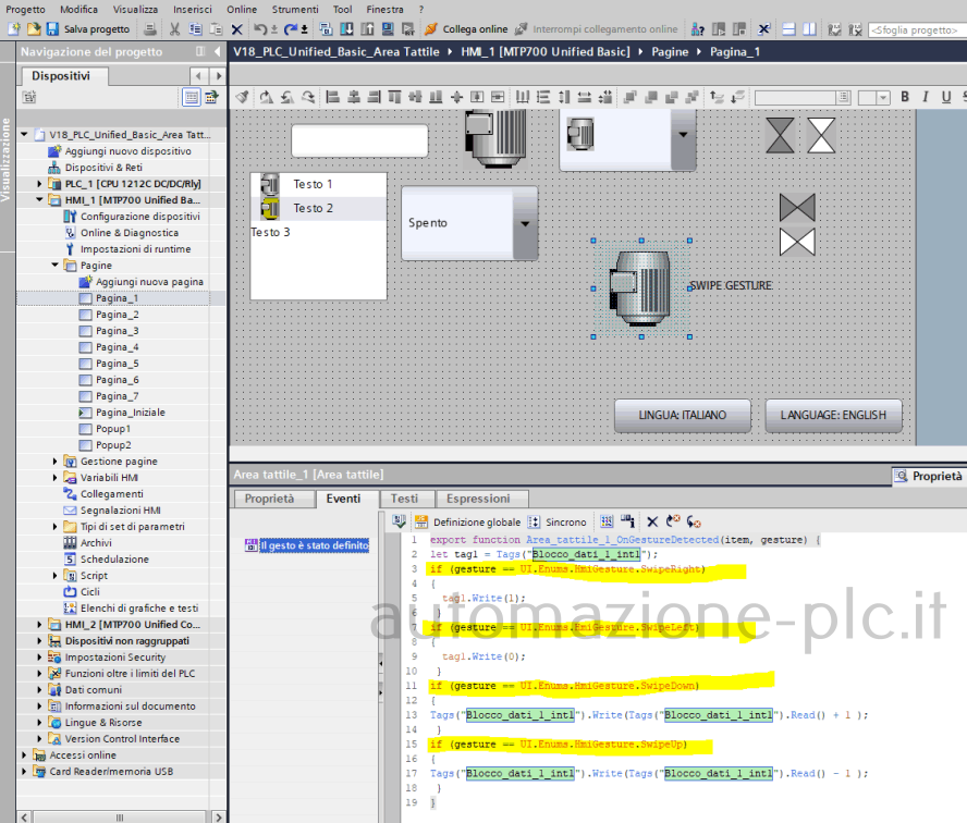 Inserimento area tattile sulla pagina di WinCC Unified