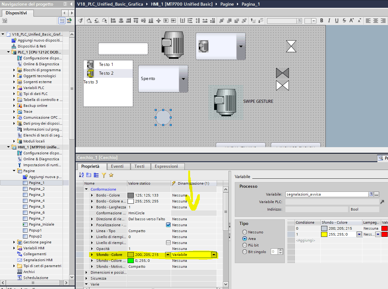 Esempio di dinamizzazione proprietà oggetti in WinCC Unified